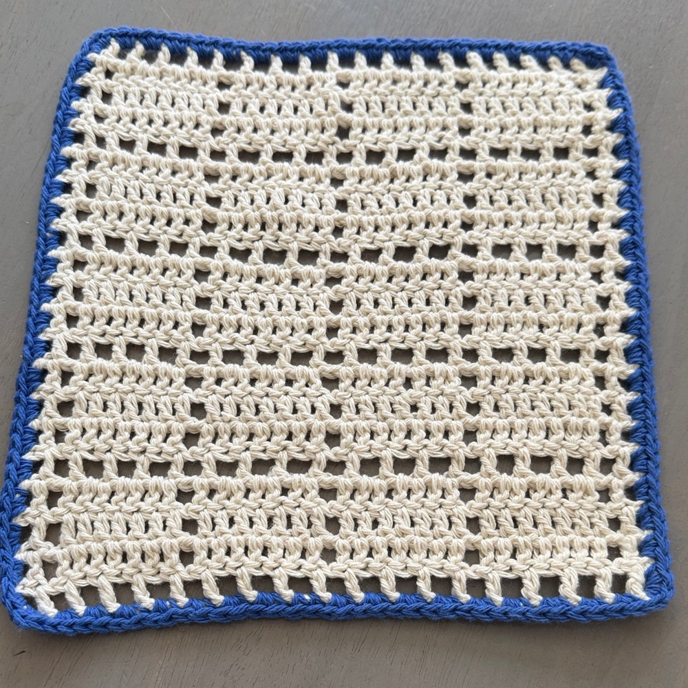 Crochet Dishcloth Washcloth Old Fashioned with Blue Border Good sized 10” x 10”
